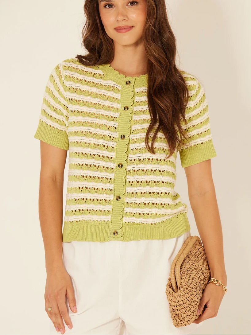 Bila77 Kinsley Striped Knit Cardigan In Pistachio Cream; Sz Large. Nwot